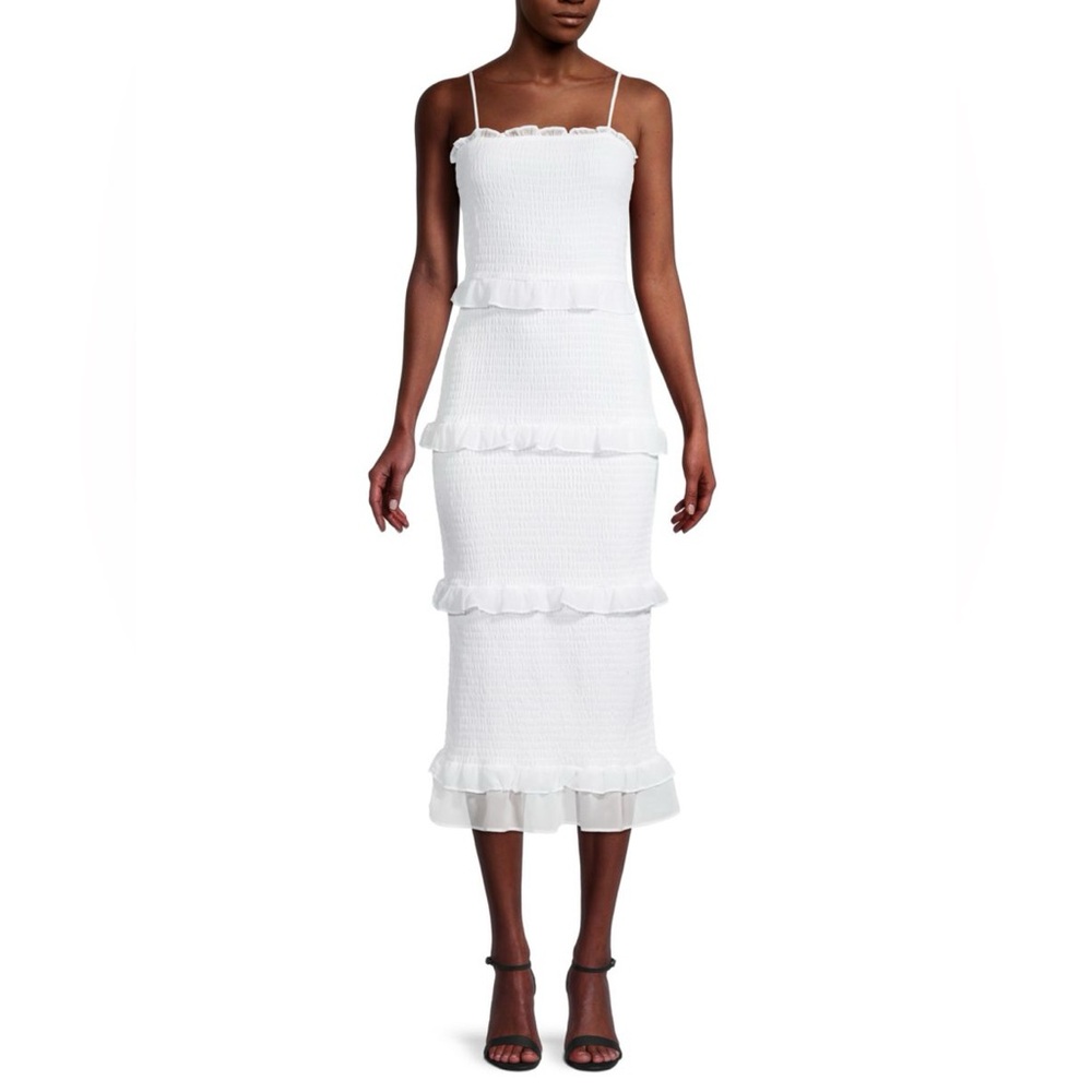BEBE Women's Smocked Ruffle-tiered Bodycon Dress In Bright White size large